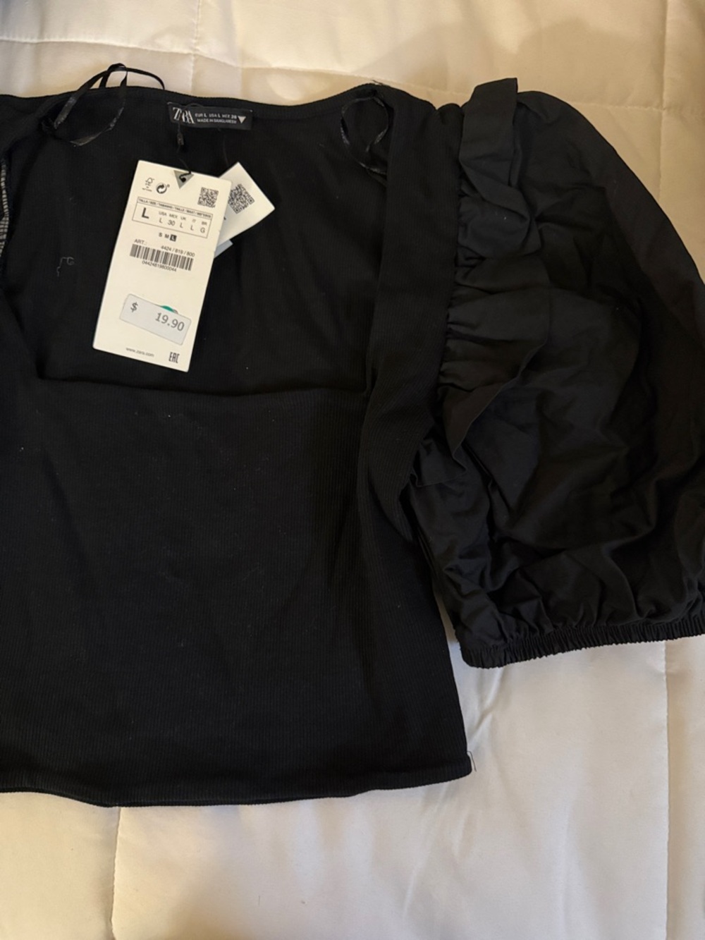 Zara Black Ribbed Top with Voluminous Puff Sleeve